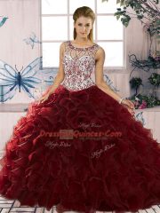 Sweet Sleeveless Organza Floor Length Lace Up Quinceanera Gown in Burgundy with Beading and Ruffles