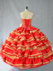 Red Ball Gowns Sweetheart Sleeveless Satin and Organza Floor Length Lace Up Embroidery and Ruffled Layers 15 Quinceanera Dress