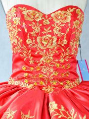 Red Ball Gowns Sweetheart Sleeveless Satin and Organza Floor Length Lace Up Embroidery and Ruffled Layers 15 Quinceanera Dress