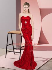 Red Lace Up Evening Dress Belt Sleeveless Sweep Train