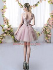 Fantastic Pink V-neck Lace Up Appliques Court Dresses for Sweet 16 Sleeveless