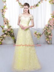 Captivating Light Yellow Off The Shoulder Neckline Appliques Dama Dress for Quinceanera Cap Sleeves Lace Up