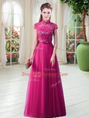 Short Sleeves Lace Up Floor Length Lace Prom Dress