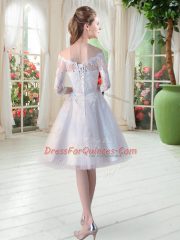 Deluxe Half Sleeves Lace Up Knee Length Lace and Appliques Prom Dresses