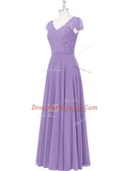 Enchanting Lavender Chiffon Zipper Teens Party Dress Cap Sleeves Floor Length Lace