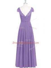 Enchanting Lavender Chiffon Zipper Teens Party Dress Cap Sleeves Floor Length Lace