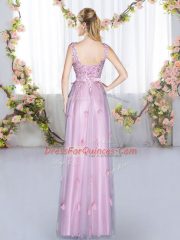 Low Price Lavender Tulle Lace Up V-neck Sleeveless Floor Length Quinceanera Court Dresses Beading and Appliques
