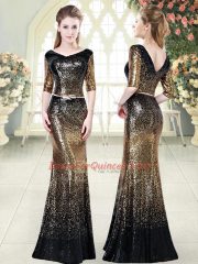 Hot Selling Column/Sheath Prom Party Dress Gold V-neck Sequined Half Sleeves Floor Length Zipper