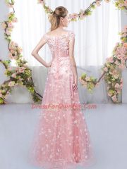 Empire Damas Dress Off The Shoulder Tulle Cap Sleeves Floor Length Lace Up