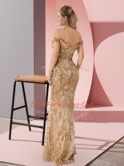 Decent Gold Mermaid Off The Shoulder Sleeveless Sequined Floor Length Zipper Ruching Evening Dress