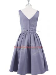 Beautiful A-line Dress for Prom Grey V-neck Satin Sleeveless Knee Length Zipper