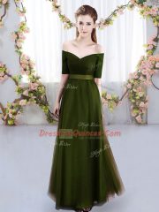 Olive Green Empire Off The Shoulder Short Sleeves Tulle Floor Length Lace Up Ruching Court Dresses for Sweet 16