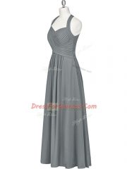 Customized Sleeveless Floor Length Ruching Zipper Prom Gown with Grey