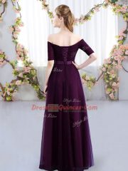 Sweet Purple Lace Up Off The Shoulder Ruching Quinceanera Court of Honor Dress Tulle Short Sleeves