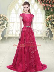 Pink Cap Sleeves Beading and Lace and Appliques Zipper Prom Evening Gown