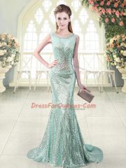 Pretty Apple Green Sleeveless Sequined Brush Train Zipper Dress for Prom for Prom and Party and Military Ball