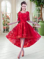Red A-line Scoop Half Sleeves Lace High Low Zipper Prom Dress