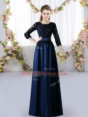 Stylish Navy Blue 3 4 Length Sleeve Satin Zipper Quinceanera Court Dresses for Prom and Party and Wedding Party