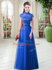 High-neck Cap Sleeves Lace Up Dress for Prom Royal Blue Tulle