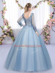 Sexy Lavender Ball Gowns Tulle V-neck Long Sleeves Lace and Appliques Floor Length Lace Up Sweet 16 Dresses