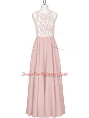 Pink Chiffon Zipper Scoop Sleeveless Floor Length Evening Dress Lace and Appliques