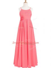 Classical Sleeveless Chiffon Floor Length Zipper Homecoming Dress in Watermelon Red with Pleated and Hand Made Flower