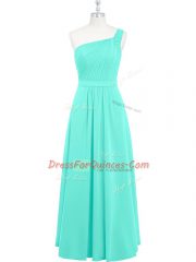 One Shoulder Sleeveless Zipper Dress for Prom Aqua Blue Chiffon