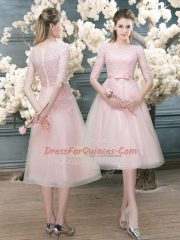Pretty Tea Length Zipper Dress for Prom Pink for Prom and Party with Lace