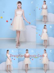 One Shoulder Bowknot Quinceanera Court of Honor Dress Champagne Lace Up Sleeveless Knee Length
