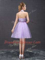 Great Halter Top Lavender Sleeveless Mini Length Lace and Belt Lace Up Vestidos de Damas