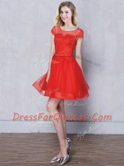 Red Scoop Lace Up Appliques and Belt Quinceanera Court Dresses Short Sleeves