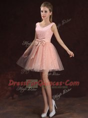 Sleeveless Mini Length Lace and Bowknot Lace Up Quinceanera Dama Dress with Peach