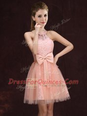 Sleeveless Mini Length Lace and Bowknot Lace Up Quinceanera Dama Dress with Peach