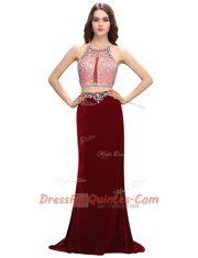Sumptuous Scoop Beading and Appliques Burgundy Criss Cross Sleeveless With Train Sweep Train