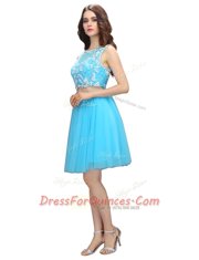 Scoop Baby Blue Tulle Backless Prom Gown Sleeveless Knee Length Appliques