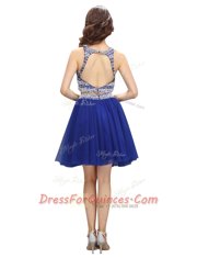 Scoop Beading Evening Dress Royal Blue Backless Sleeveless Knee Length