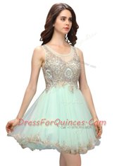 Scoop Sleeveless Mini Length Beading and Appliques Zipper Prom Evening Gown with Apple Green