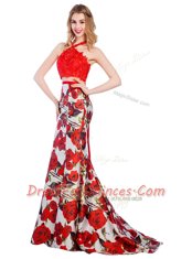 High Quality Mermaid Halter Top With Train Multi-color Prom Evening Gown Printed Brush Train Sleeveless Lace and Pattern