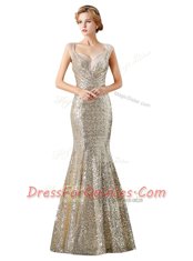 Modern Mermaid Sequins V-neck Sleeveless Zipper Prom Evening Gown Champagne Sequined