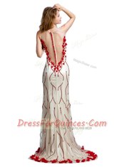 Romantic Scoop Sleeveless With Train Hand Made Flower Clasp Handle Prom Gown with White And Red Sweep Train