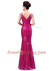 Decent Fuchsia Column/Sheath Sequined V-neck Sleeveless Sequins Floor Length Zipper Prom Dresses