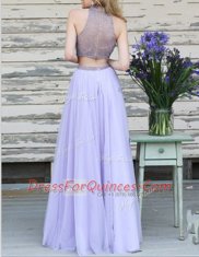 Halter Top Blue A-line Beading Prom Dress Zipper Tulle Sleeveless Floor Length