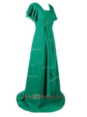 Green V-neck Neckline Beading and Ruching Prom Dresses Short Sleeves Zipper