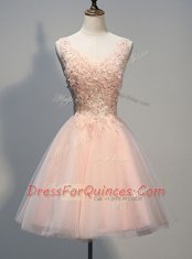 Hot Selling Sleeveless Tulle Knee Length Zipper Prom Dresses in Peach with Beading and Appliques