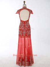 Red Mermaid Beading and Appliques Prom Party Dress Backless Chiffon Cap Sleeves Floor Length