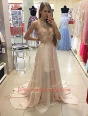 Scoop Zipper Prom Gown Champagne for Prom with Beading Brush Train