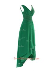 Green V-neck Neckline Beading and Ruching Prom Dress Sleeveless Zipper