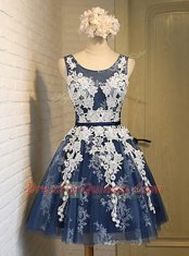Scoop Sleeveless Lace Up Dress for Prom Navy Blue Organza