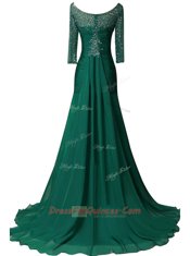 Exquisite Green Long Sleeves Sweep Train Beading and Ruching With Train Prom Party Dress
