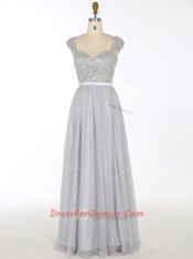 Shining Grey A-line Chiffon V-neck Sleeveless Beading and Appliques Floor Length Zipper Evening Dress